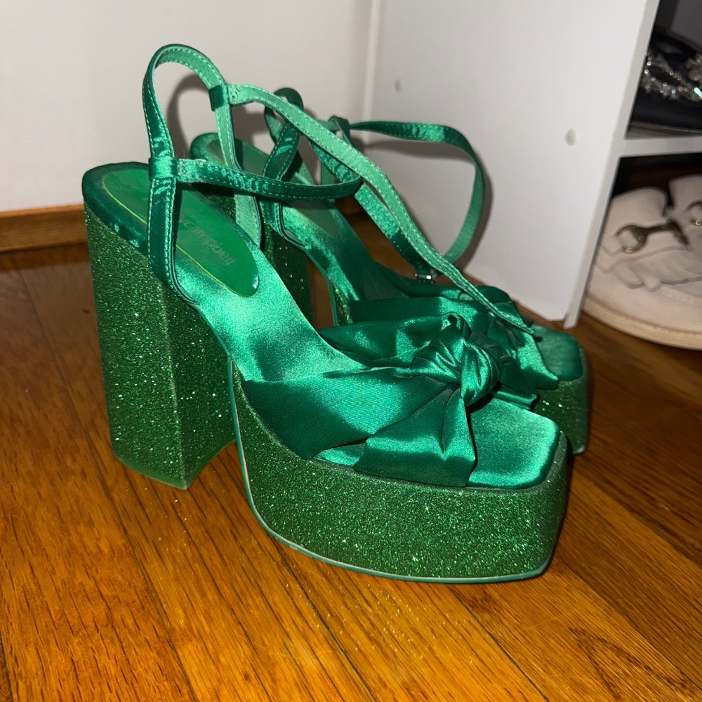 Jeffrey Campbell Green Satin & Glitter Platform Heels Never Worn - Picture 3 of 11